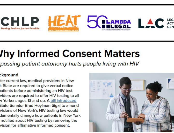 Screenshot of fact sheet with logos for CHLP, HEAT, Lambda Legal and LAC.