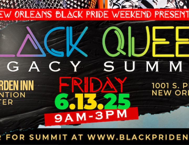 Black Queer Legacy Summit Event graphic with rainbow lettering with event details over a Black background.