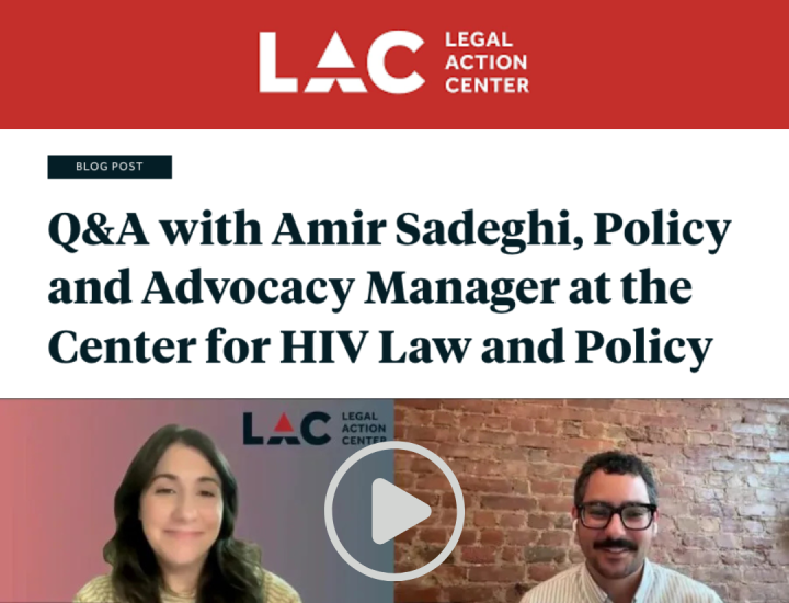 LAC logo in white over red background, article title in black over white background, screenshot from video and quote from Amir in white text over red background.