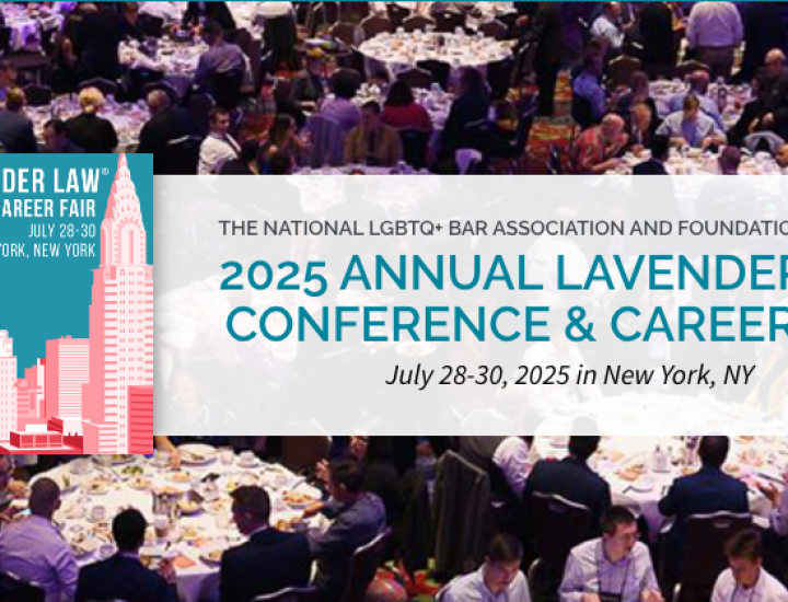The image shows a large ballroom filled with round tables where many people are seated, engaged in conversation and dining under dim lighting. Overlaid on the left is a colorful graphic of pink and red skyscrapers against a blue sky promoting the 2025 Lavender Law® Conference & Career Fair, while bold text on the right announces the event details in teal and black.