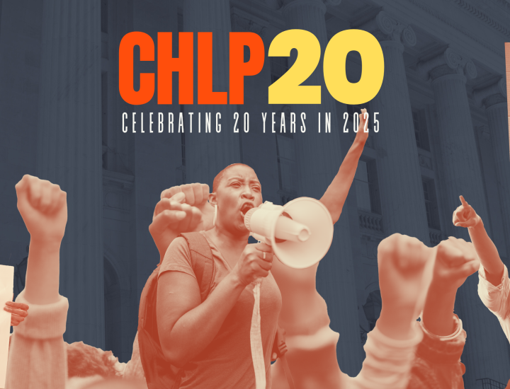 CHLP20 Logo with duotones of protesters against a dark grey background.