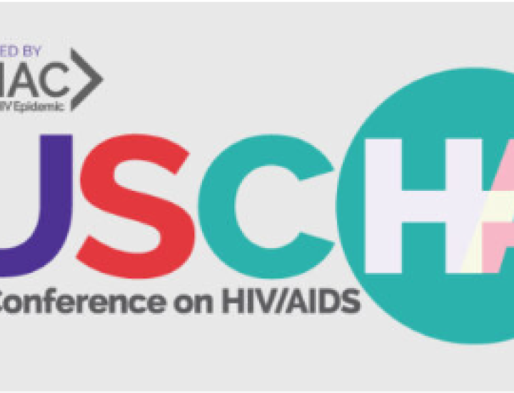 This graphic features a bold red section on the left with handwritten white text reading “Aging with HIV” over an AIDS ribbon, and a modern logo on the right for the US Conference on HIV/AIDS (USCHA), presented by NMAC, with colorful, overlapping letters emphasizing inclusion and awareness.