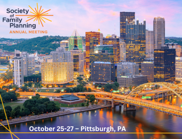 Aerial view of Pittsburgh with Society of Family Planning logo and conference dates.