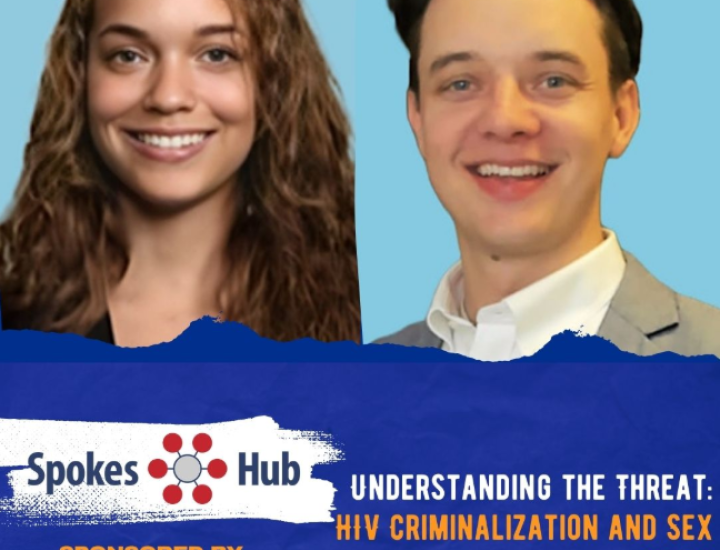 Royal blue background with event details in white and orange lettering, Spokes Hub logo and headshots of Jada and Sean.