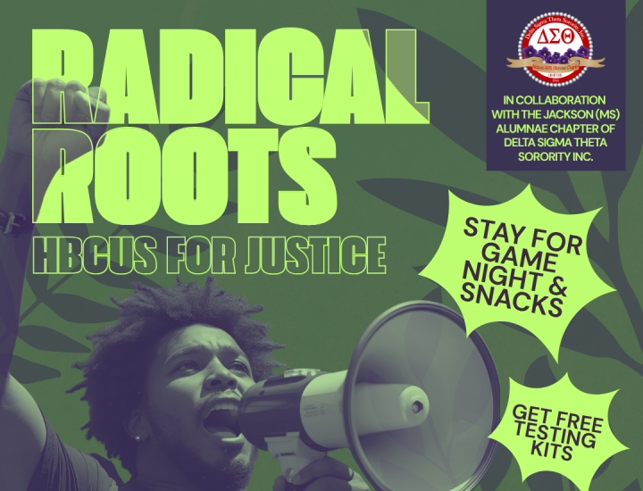 Dark green with neon green lettering with event details, a duotone green/purple photo of a young Black man raising a fist and shouting into a megaphone with leaf silhouettes in the background in green and org logos in white at the bottom over a dark purple background.