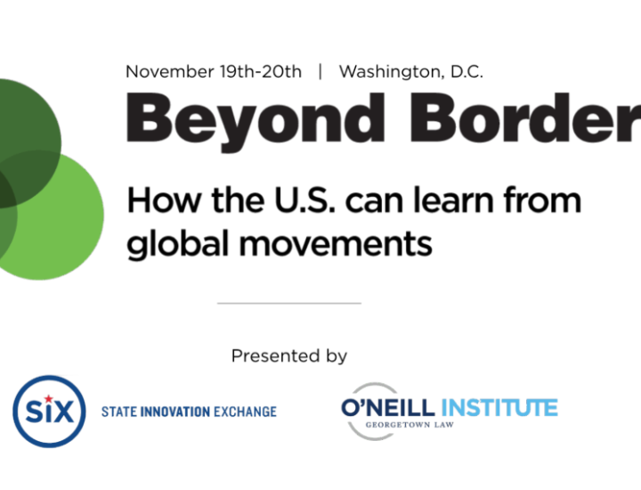 Black text on white background with Beyond Borders event title and Six and O'Neill Institute logos. 