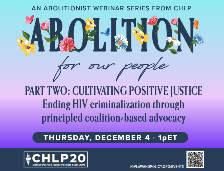 Blue to purple gradient background with Abolition in flowery letters and event details, CHLP logo.