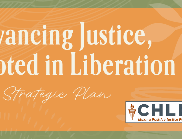 Orange background with faint leaf overlays with Advancing Justice, Rooted in Liberation in white serif type and CHLP20 logo in the bottom corner.