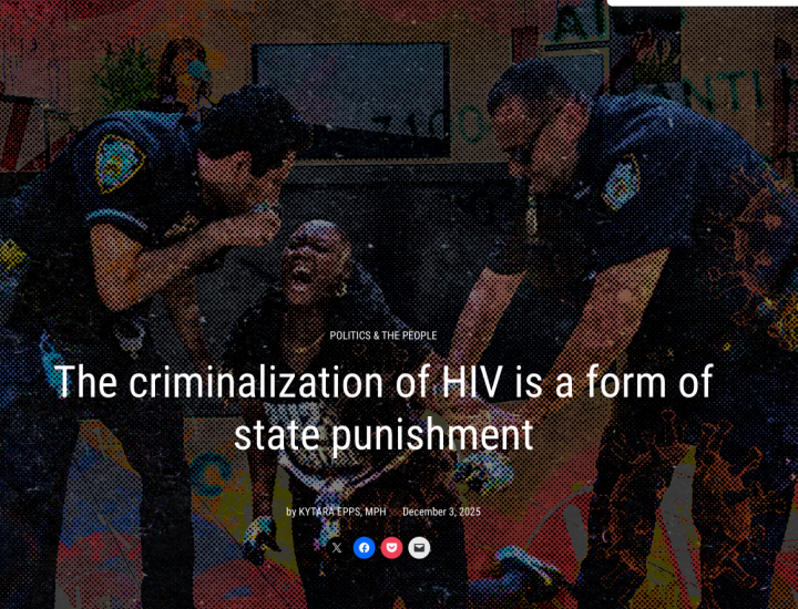 Background halftone of a Black woman on her knees being held down by two white police officers, with the article title in white type over it.