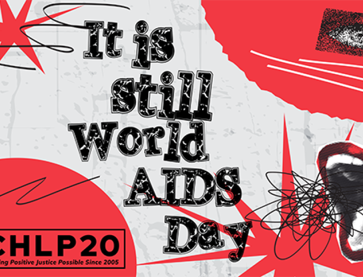 Red, white and black graphic with the words It's Still World AIDS Day and duotone mouth shouting, red bursts and black squiggles.