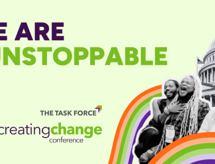 Light green background with We are #unStoppable in purple and dark green type with creating change logo and on the side a swirl of colors with black and white pictures of happy people and the capitol building.