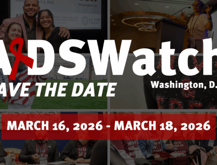 Grayed out photo collage with AIDS WAtch in large white letters and the conference dates.