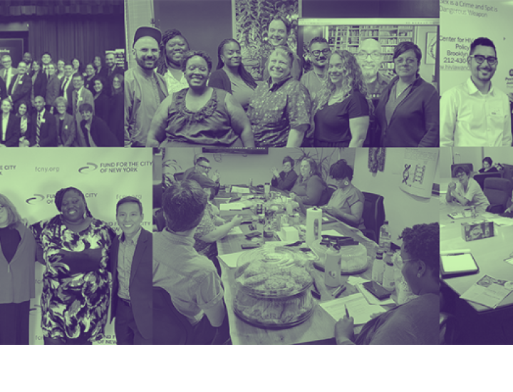 Collage of archival group photos in duotone purple and mint green.