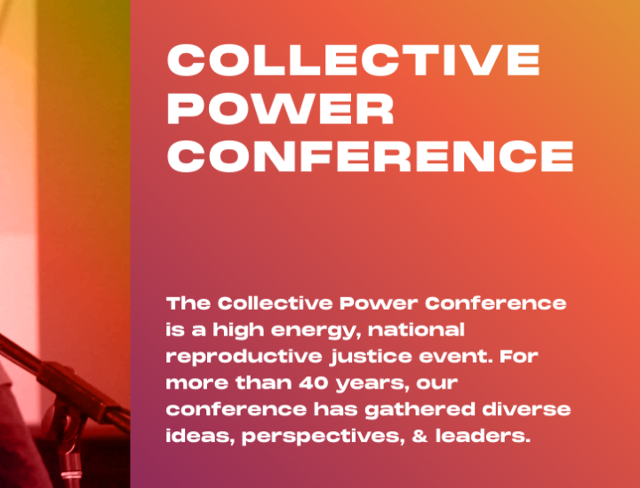 Orange and pink photo of three women on left with white text on right describing conference.