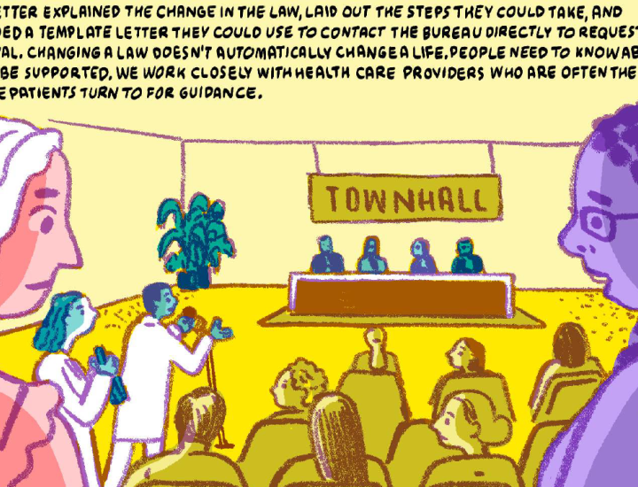 Illustrated Town Hall meeting with two women in the foreground with descriptive text at the top.