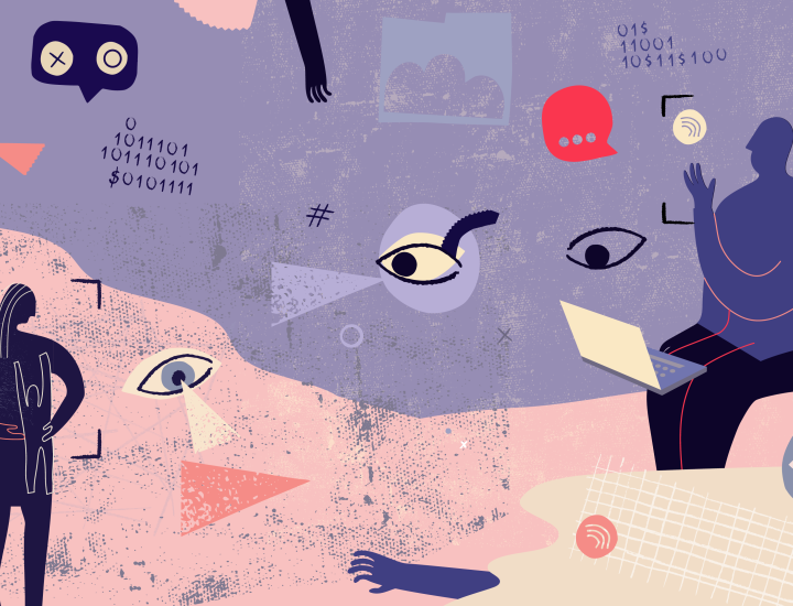 Light purple and pink background with silhouette figures in dark purple of a woman holding a child and a man sitting at a laptop, around them are symbols of surveillance, including eyeballs, binary code, chat pubbles, a hand reaching, in light pink, red and light purple.