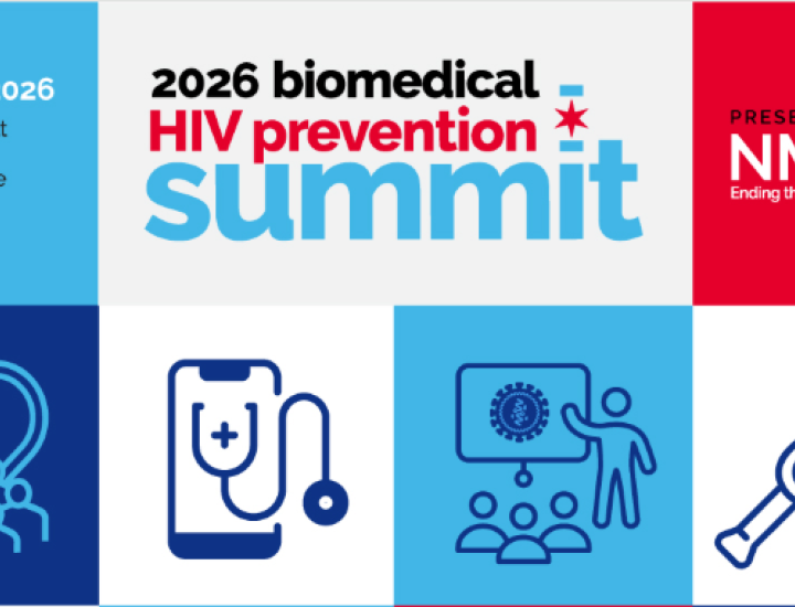 Red white and blue square with biomedical icons, NMAC logo, and conference title.