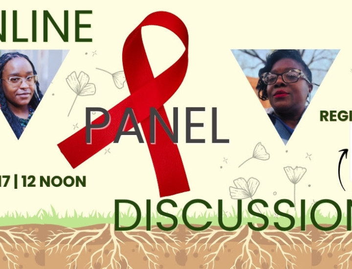 Light yellow background with brown roots at the bottom with two triangle shaped presenter headshots, a red ribbon, and event details in green type.