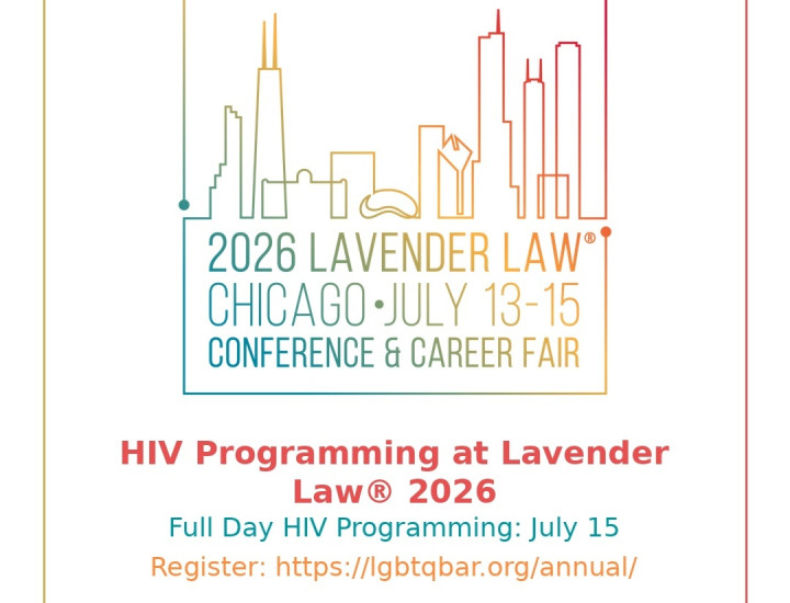 Rainbow line drawing of chicago skyline with rainbow letters with the Lavender law conference details