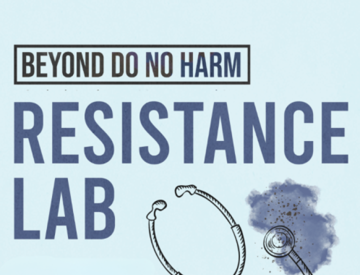 Stethoscope line drawing on light blue background with BDNH Resistance Lab in all caps, dark blue text.