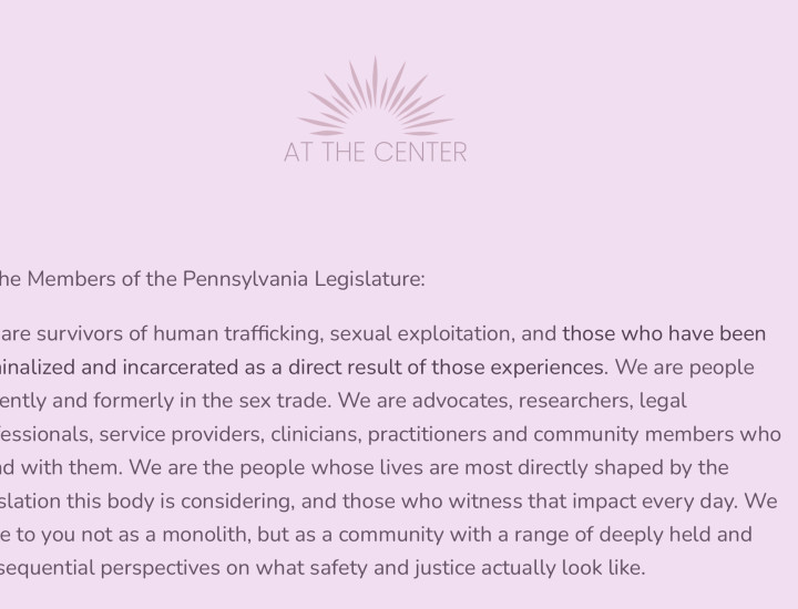 Screenshot of At The Center sign on letter with lilac color overlay