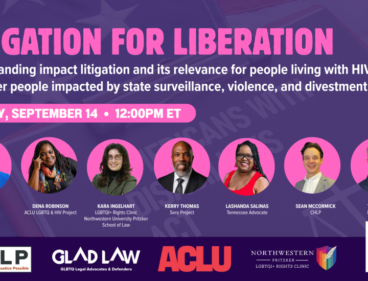 Dark purple background with and hot pink block letters reading "Litigation for Liberation" with event details in white type, seven participant headshots, org logos and a QR code at the bottom.