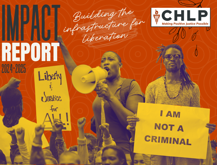 Orange-and-yellow protest poster shows a speaker with a megaphone, raised fists, and signs reading “Liberty and Justice for All” and “I Am Not a Criminal.”