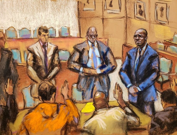 courtroom sketch of three men in front of jury