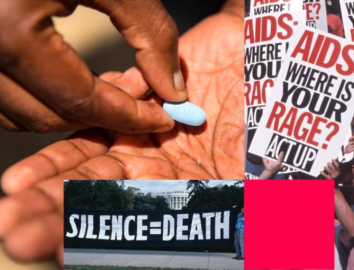 Hands of a black man holding a blue pill and poster reading AIDS where is your rage and Silence = Death