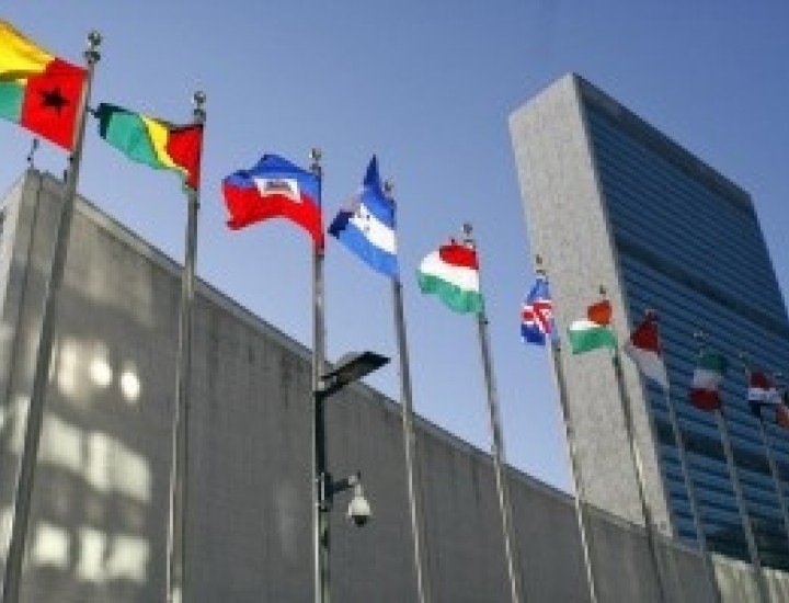 United Nations Building with Flags Outside