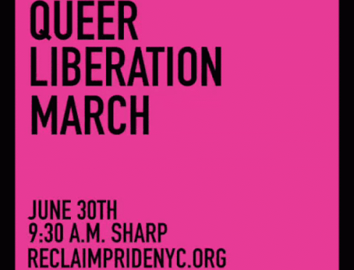 Queer Liberation March pink graphic with date and time